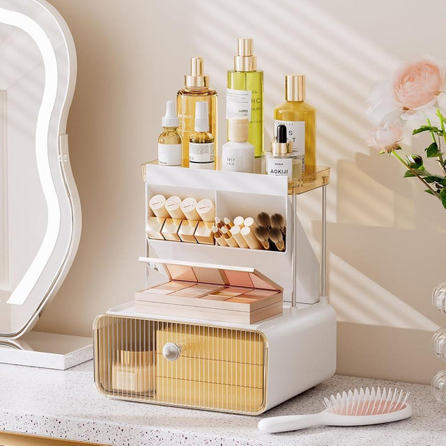TidyStash 4-Tier Amber Makeup Organizer with Drawers, Cosmetic Storage for Countertop & Bathroom with 45° Makeup Brush Holder, Easy Assembly for Skincare & Perfume, Vanity, Dresser, or Sink Counter