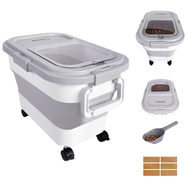 Leafory Wood Pellet Storage Container 20-25lbs, Airtight Bin with Locking Lid & Clear Window, Collapsible Pellet Bucket with Wheels, Scoop & Labels, Gray