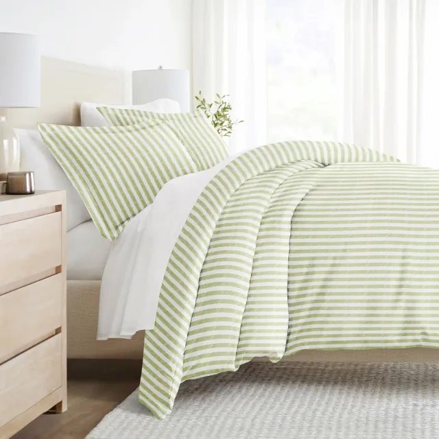 Stripe Pattern Premium Ultra Soft 3PC Duvet Cover & Shams Set - Becky Cameron , Puffed Rugged Stripes / Sage, Full/Queen