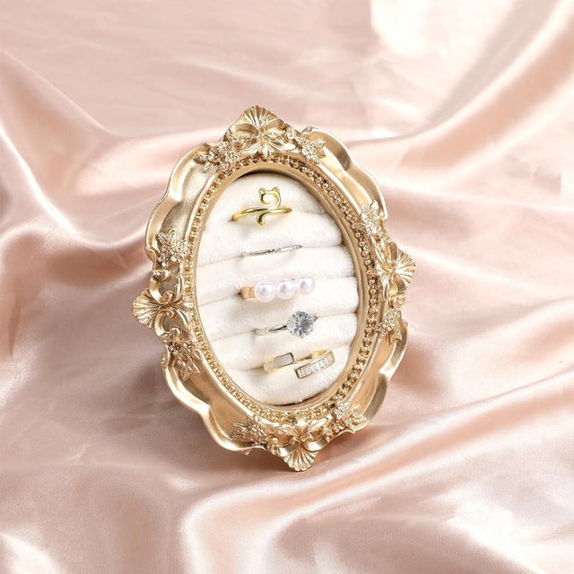 Vintage Ring Holder Oval Rings Display Jewelry Box Suede Gold ring Holder Earring Tray Organizer for Women Anniversary Engagement Wedding Ceremony Storage Gift Photography Props Christmas Birthday