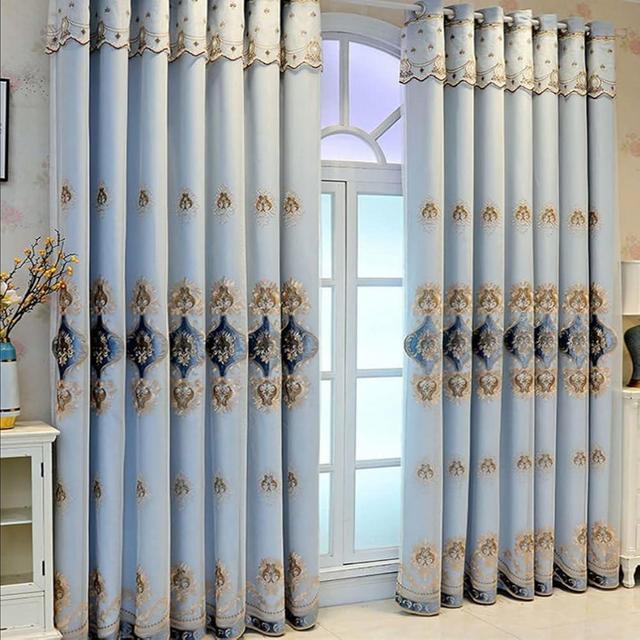 Amidoudou 1 Pair European Double Layer Curtains with Sheer Curtains for Living Room Bedroom Luxury Embroidered Blackout Curtains (Blue,52x96 Inch)
