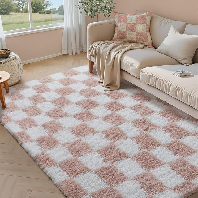 PureCozy Checkered Rug 5x7 for Living Room, Pink and White Modern Shag Rugs Super Soft Washable Indoor Office Fuzzy Carpet Non-Slip Fluffy Rugs for Bedroom Home Aesthetic Decor