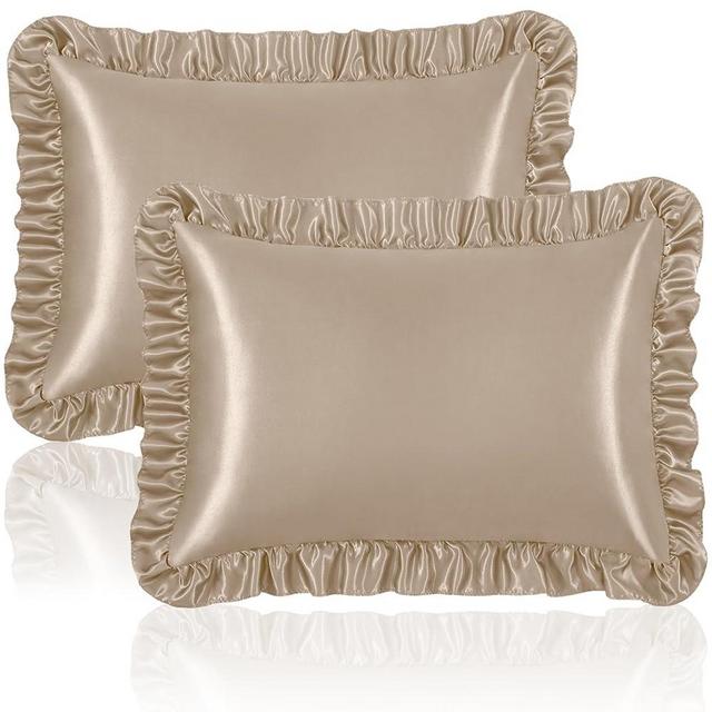 Homiest Ruffle Satin Pillowcase for Hair and Skin, King Size Satin Pillow Covers Silky Pillow Cases Set of 2, Satin Ruffled Pillowcase with Envelope Closure, Anti Wrinkle Pillow Shams (Taupe)