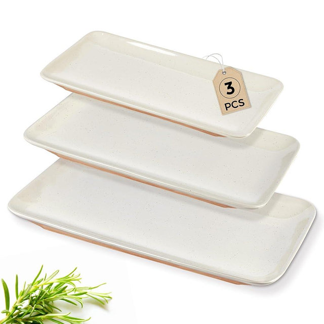 AmorArc Ceramic Serving Platter,Rectangular 16"/14.3"/12.6" inch Serving Dishes for Party Entertaining,Stoneware Serving Trays forTurkey,Salad,Microwave&Dishwasher Safe-Set of 3-Light Beige