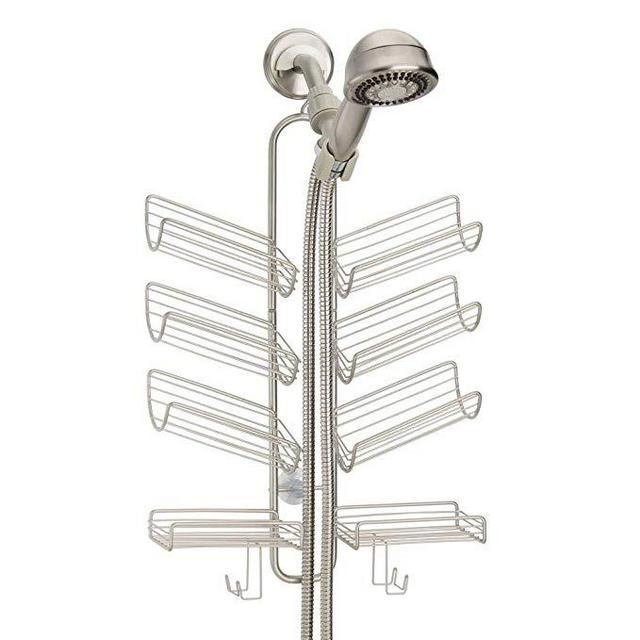 mDesign Metal Wire Bathroom Tub & Shower Caddy, Hanging Storage Organizer - Built-in Hooks and 8 Shelves for Bathroom Shower Stall, Tub - Open Center Design for Hand Held Shower Heads - Satin