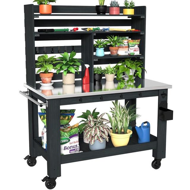 GDLF Potting Bench Table Large Outdoor Kitchen Island Prep Station with Stainless Steel Top Waterproof Cover, Hardwood, 66.9" H