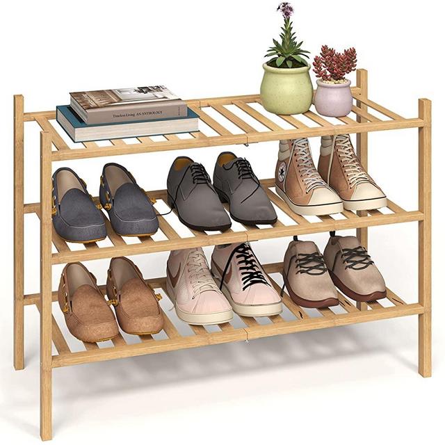 Iwaiting Outdoor 3-Tier Shoe Rack for Closet, Stackable Bamboo Shoe Rack for entryway, Hallway, Bathroom, Multifunctional Utility Free Standing Shoe Shelf