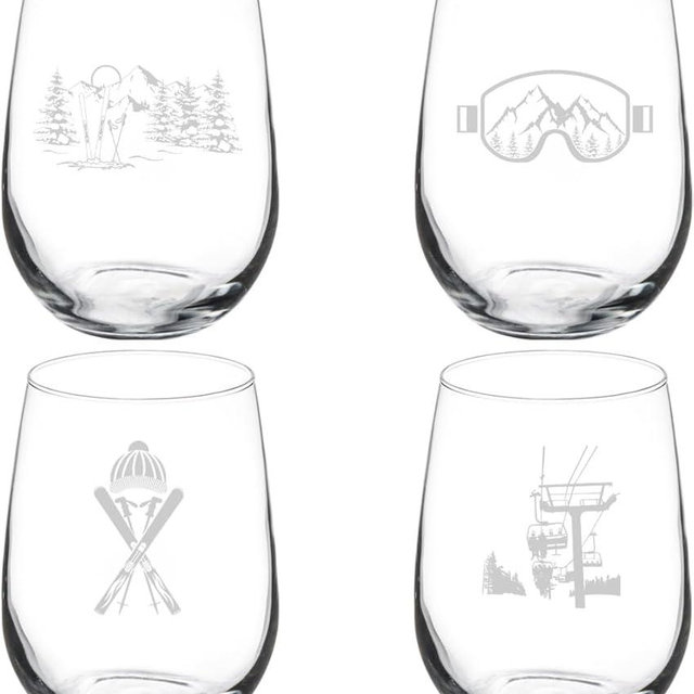 MIP Set of 4 Wine Glass Gift Ski Skier Equipment Collection (17 oz Stemless)