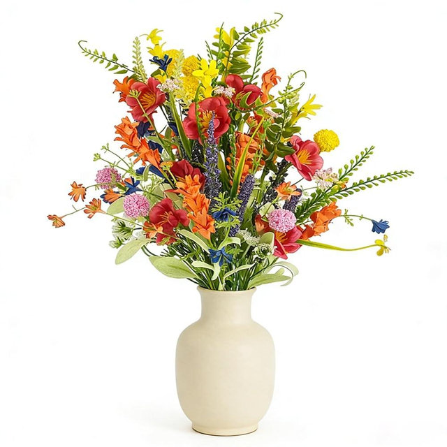 TEMPUS 4Pcs Fake Wildflowers Colorful Artificial Daisy Forsythia Lavender Summer Flower stem Faux Floral Arrangements Picks Silk Bouquet for Home Farmhouse Table Decor Indoor Oudoor