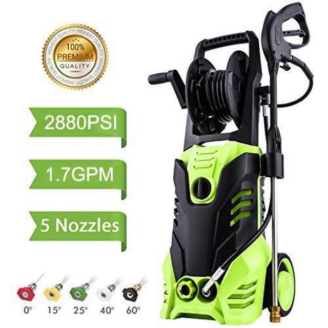 Homdox 2880PSI Pressure Washer 1.70 GPM 1800W Electric Power Washer with Hose Reel,5 Quick-Connect Spray Tips(Green)