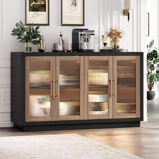 FOTOSOK Buffet Cabinet with Storage, 55.1" Large Sideboard Buffet Cabinet, Modern Sideboard Kitchen Cabinet with 4 Fluted Glass Doors, Wood Coffee Bar Cabinet Buffet Table for Kitchen, Brown/Black