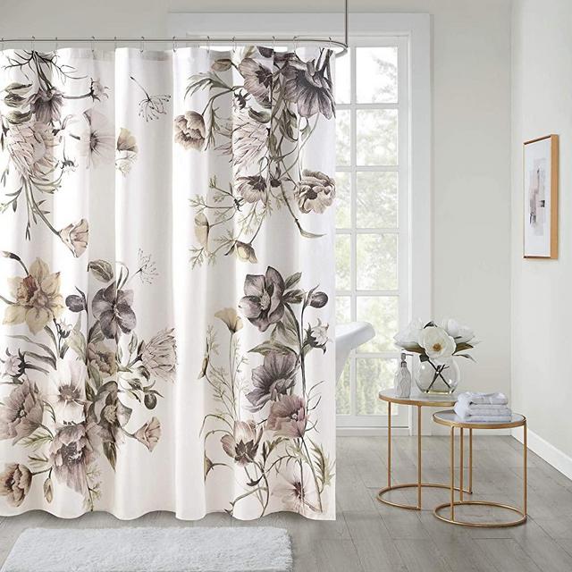 Madison Park Cassandra Cotton Percale Bathroom Shower, Printed Floral Design Modern Shabby Chic Privacy Bath Fabric Curtains, 72"x72", Blush