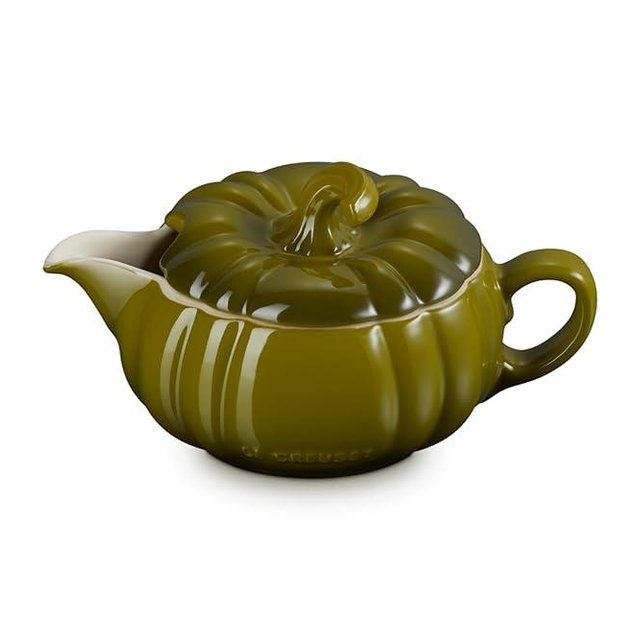 Le Creuset Stoneware Pumpkin Gravy Boat with Lid, 14 oz., Olive