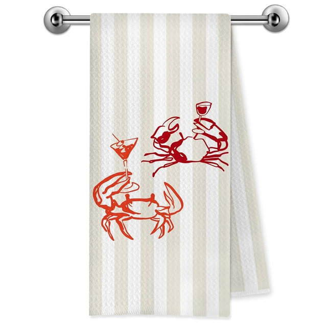 Trenstise Coastal Beach Crab Cocktail Kitchen Towels, Gifts for Cocktail Lovers, Beige Striped Beachy Crab Nautical Decorative Dish Tea Hand Towels for Kitchen Bar Cart, 16x24 Inch