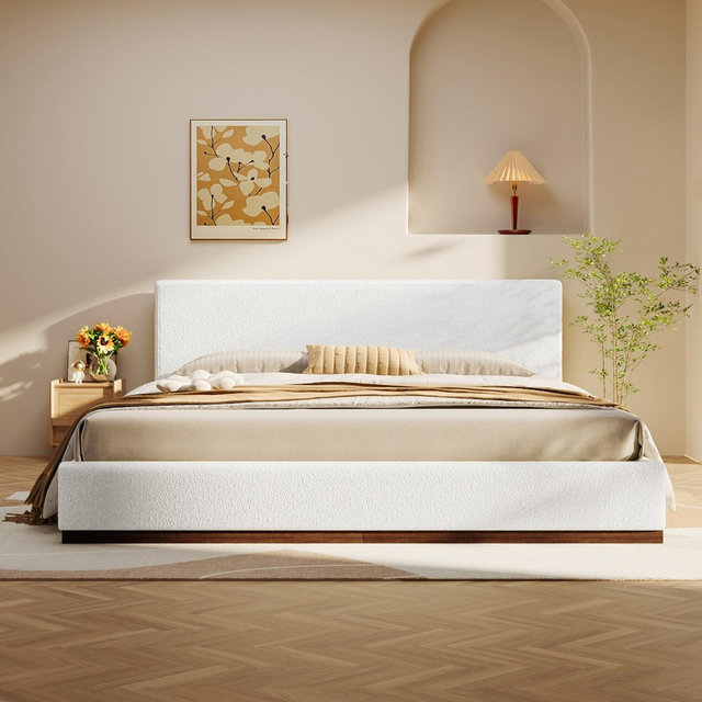 Christopher Knight Home Phyllis Modern Minimalist Boucle Upholstered Wood Platform Bed, King, White