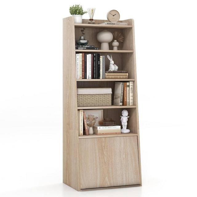 Tangkula 6 Tier Bookcase, Modern Bookshelf w/ 2 Adjustable Shelves & Flip-up Door, Wood Storage Cabinet with 5 Open Shelves, Freestanding Display Shelf for Living Room Study Office (Natural, 6 Tier)