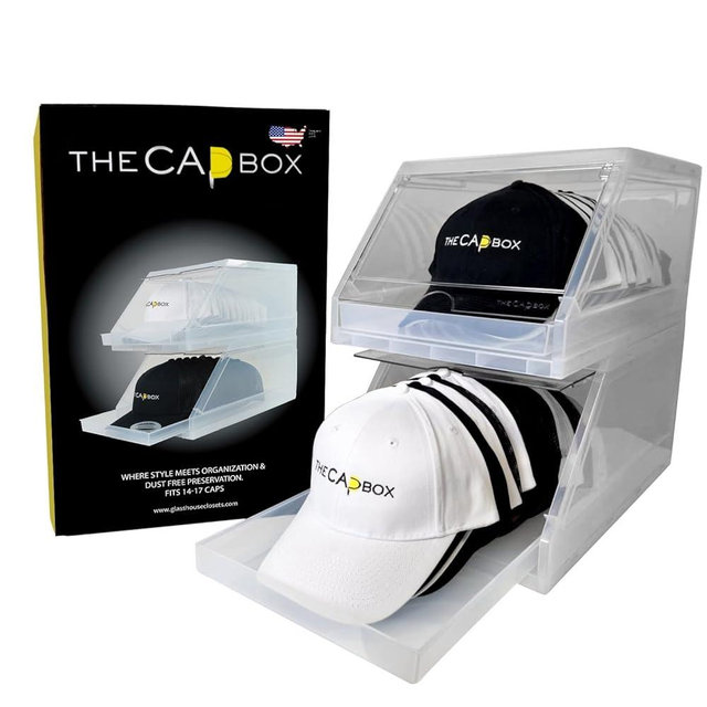 The CapBox 2.0 (2 Pack Clear) Hat Organizer for Baseball Caps, Stackable Sliding Tray Hat Rack & Hat Holder Hat Hanger Cap Storage Container 2 Yr. Warranty Fits 12-17 Caps Sliding Tray & Stopper