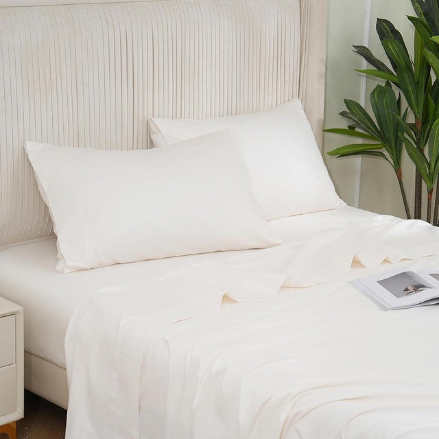 DOWNCOOL Queen Sheet Set - 100% Cotton Sheets Queen Size Set, 400 Thread Count Sateen, 16" Deep Pocket Queen Sheets, 4-Pc Breathable Cooling Hotel Luxury Bedding Sheets & Pillowcases, Cream White