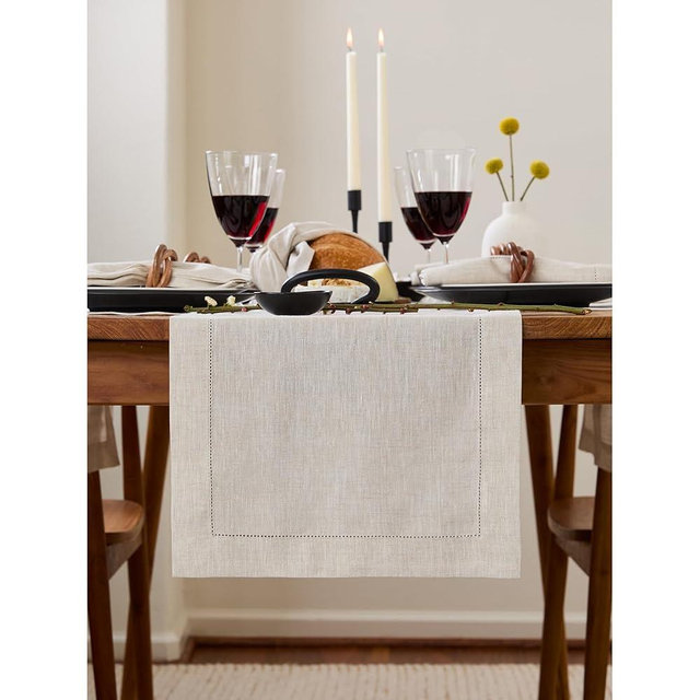 Solino Home Linen Table Runner 90 Inches Long - 100% Pure Linen Light Natural Table Runner 14 x 90 Inch for Fall, Autumn, Thanksgiving, Christmas - Classic Hemstitch