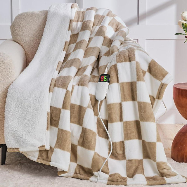 Light Brown Heated Throw Blanket Electric, 50X60 Heating Blanket with 10 Heat Levels & 8 Hours Auto Off for Lap, Checkered Plaid Soft Sherpa Blankets, Mothers Day Gifts for Mom, Grandma Women Couch