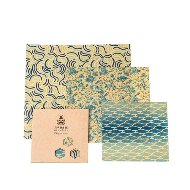SUPERBEE Beeswax Wrap for Food, Set of 3 Bees Wax Wraps, Reusable for Wrapping Vegetables, Cheese Paper, Bowl Covers and Sandwich Wrapping Paper, Beeswax Food Wrap (Ocean)