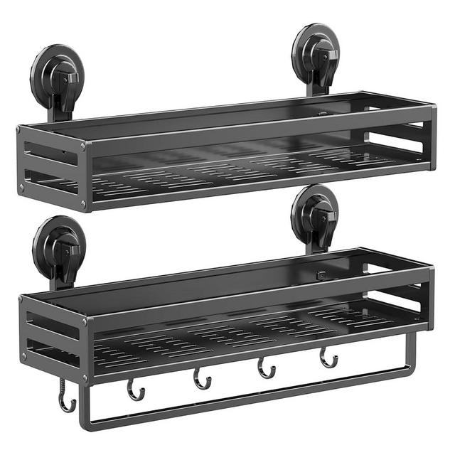 Shower Caddy Suction Cup, 15.7 inch 2 Pack Suction Shower Shelf with Hooks NO-Drilling Bathroom Holder, Rustproof Bathroom Organizer, Dark Grey