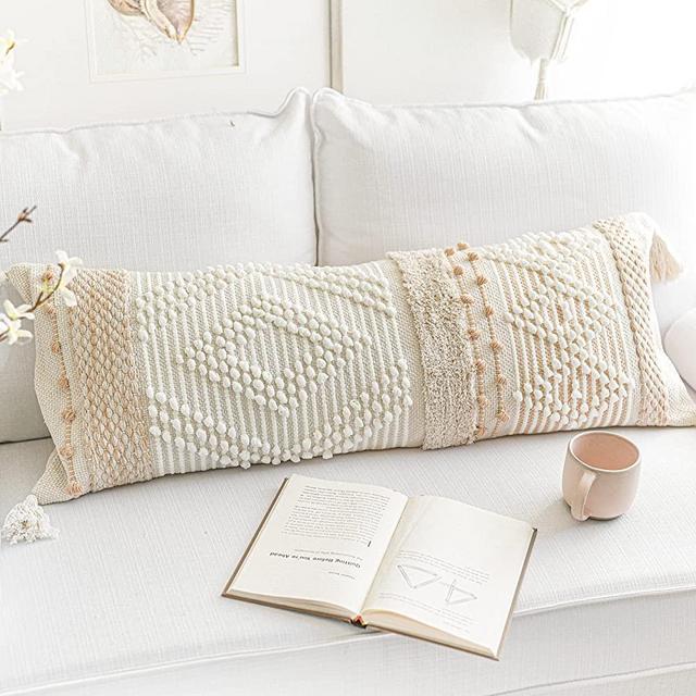BlissBlush Beige White Decorative Lumbar Pillow Cover 14X36, Boho Long Lumbar Pillow for Bed, Neutral Textured Body Pillow Cover, Bohemian Woven Lumbar Pillow for Couch (Cover ONLY, 14X36 INCH)