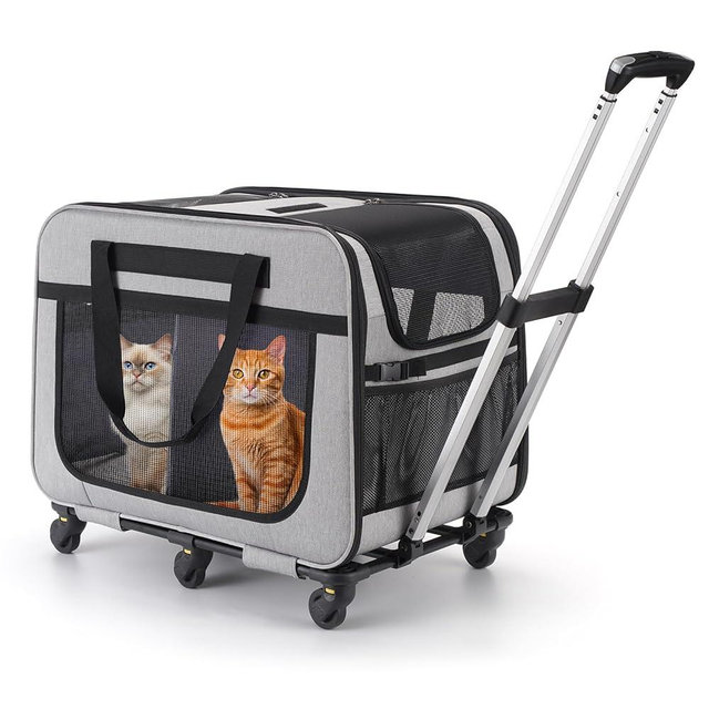 HOVONO Extra Large Double Pet Carrier with Wheels for Small Dogs and All-Breed Cats, Cat Rolling Carrier for 2 Cats, Support up to 40 Lbs, Grey
