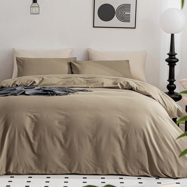 JELLYMONI Khaki 100% Washed Cotton Duvet Cover Set, 3 Pieces Ultra Soft Bedding Set with Zipper Closure. Solid Color Pattern Duvet Cover King Size(No Comforter)