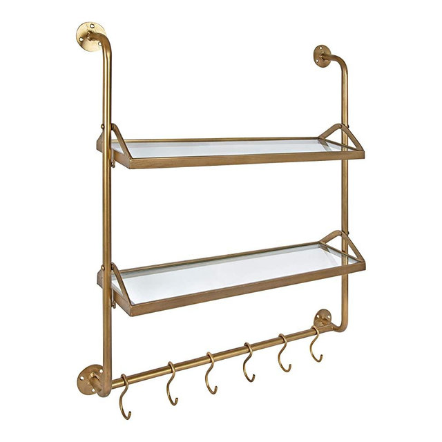 Kate and Laurel Marit Modern Industrial Wall Shelf with Metal Pipe Supports and Glass Shelves, Gold