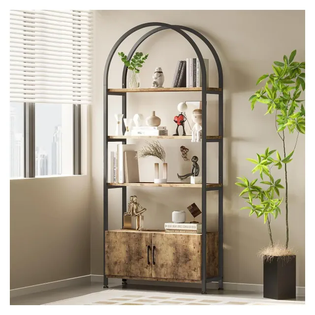 COUCHETA Bookshelf 4-Tier Arched Bookshelf with Doors, Industrial Style, 71.5 Tall Industrial with Studry Metal Frame and Open Shelves