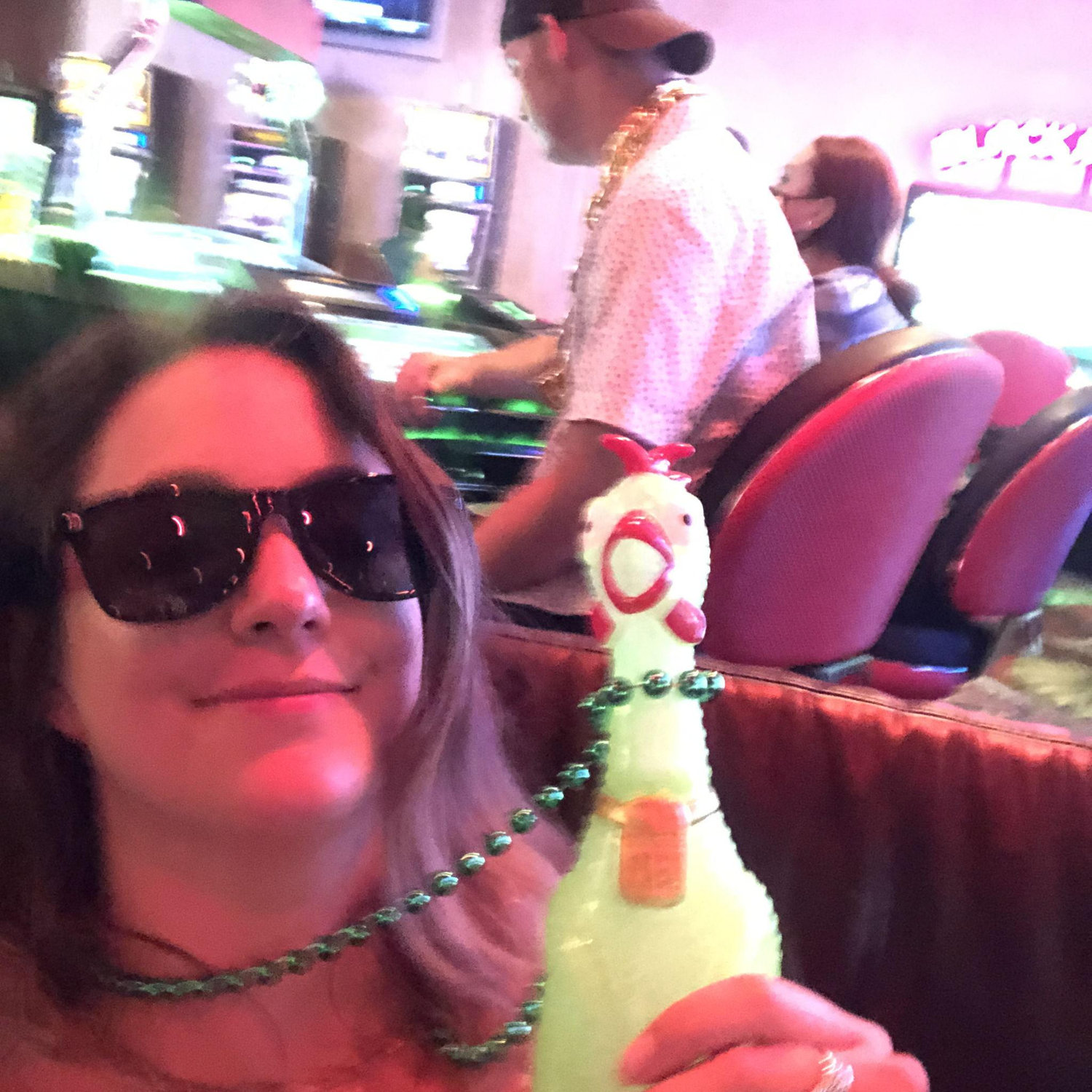 To extend his casino time, Jesse got Lindsey a screaming chicken on a necklace to stay entertained. It worked