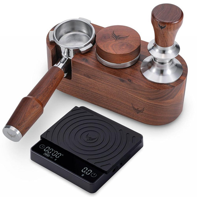 KNODOS 54mm Breville Coffee Tamper Set – Rosewood Tamping Station, Calibrated Tamper, Distribution Tool, Bottomless Portafilter & Digital Espresso Scale