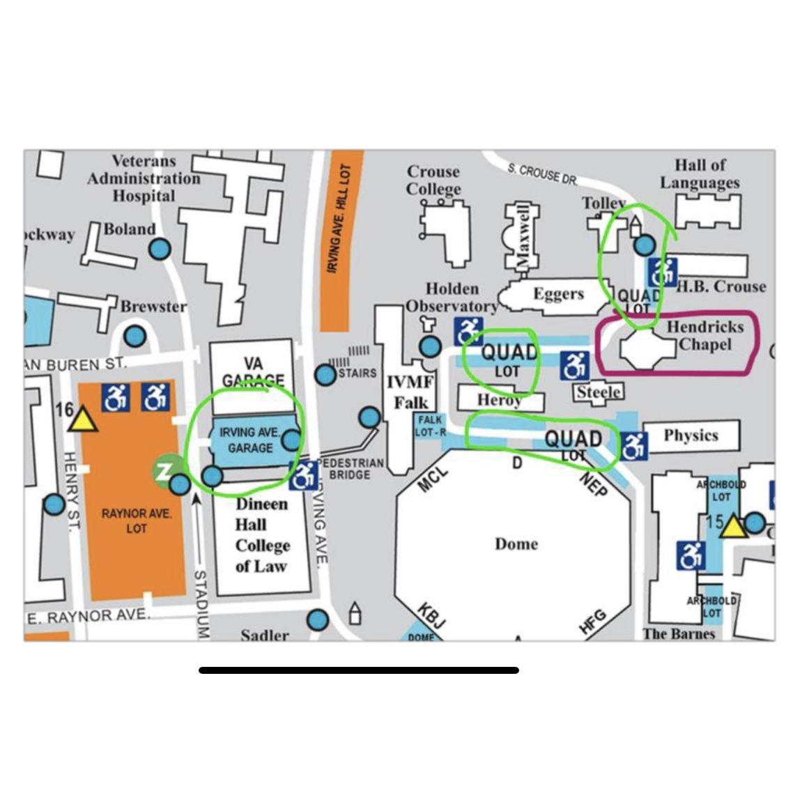Map of Parking for the Rehearsal and Wedding Ceremony. We ask that the top Quad Lot (between Eggers and HB Crouse) is reserved for the wedding party and our guests with limited mobility..