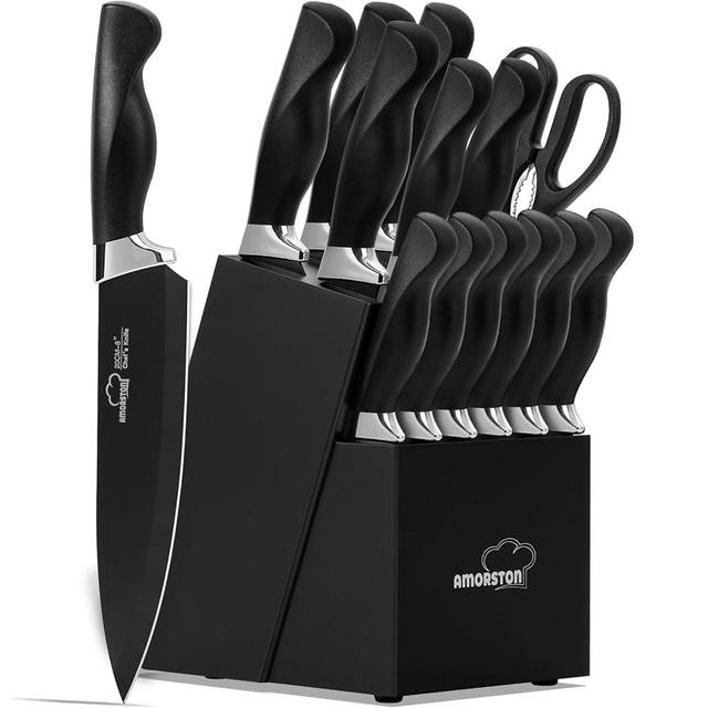 Knife Set, Amorston 15 Pieces Knife Sets for Kitchen with Block, Dishwasher Safe Kitchen Knife Set with Built in Sharpener Block, German Stainless Steel Knife Block Set, Black