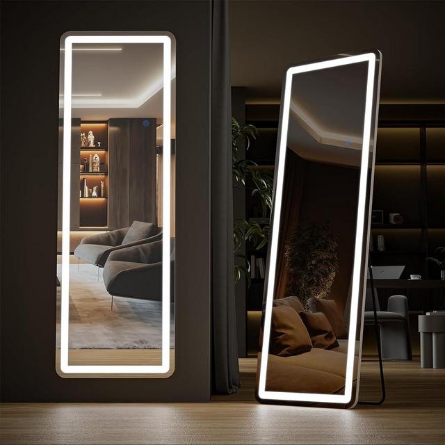 64"x21" Full Length Mirror Standing Mirror with LED Lights, Lighted Floor Mirror with Stand, Full Body Mirror w/Dimming & 3 Color Lighting, Wall Mirror Full Length Aluminum Alloy Thin Frame, White
