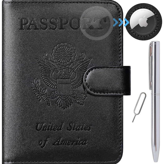 Airtag Passport Holder Cover Wallet RFID Blocking Leather Case Travel Essentials Luggage Accessories Travel Must Have(118#Black)