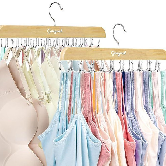 Gomyrod Bra Hanger for Closet, Tank Top Hangers 2 Pack w/20 Hooks Holds 40 Bras, Capacity Foldable Wood Space Saving Hanger, 360°Rotating Closet Organizers and Storage for Dorm & Apartment