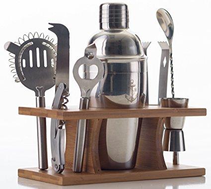 Stock Harbor 9 Piece Stainless Steel Bartender Set with Bamboo Base Kitchen Accessories Cocktail Bar tool Set