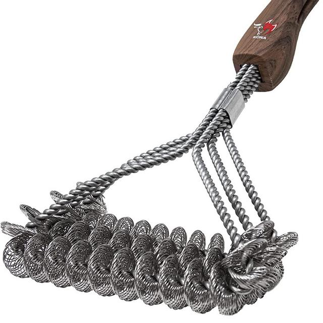 Kona Safe/Clean Grill Brush - Bristle Free BBQ Grill Brush - Wood Grain Design Handle - 100% Rust Resistant Stainless Steel Barbecue Cleaner - Safe for Porcelain, Ceramic, Steel, Cast Iron