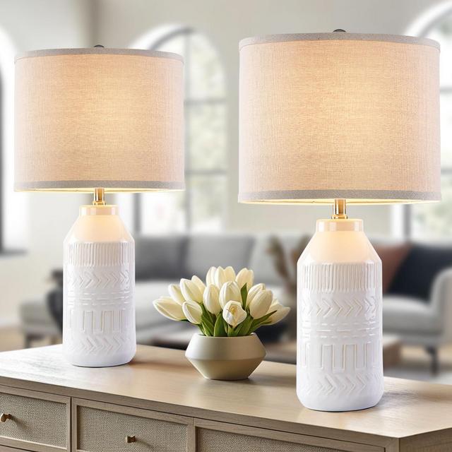Maxax White Ceramic Table Lamp set of 2, Textured Boho Desk Lamp with Beige Fabric Shade for Bedroom, Living Room£¬3-Way 100W E26 Base
