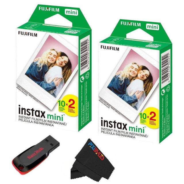 Fujifilm Instax Mini Instant Daylight Film for Instant Camera with USB and PixiBytes Microfiber Cleaning Cloth... (2 x Twin Packs + USB)