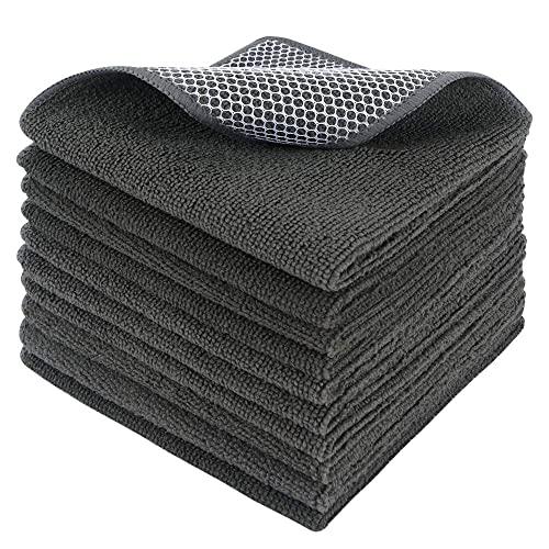 SINLAND Wholesale 5 Color Assorted Microfiber Dish Cloth Best Kitchen Cloths Cleaning Cloths Poly Scour Side 12"x12" (10Pack, Dark Grey)