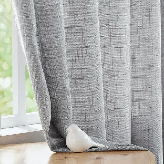 FMFUNCTEX Linen Semi Sheer Curtains for Bedroom, Grey Curtains 72 Inch Length for Living Room, Country Farmhouse Sheer Drapes, Light Filtering Window Curtain, Grommet Top 2 Panels