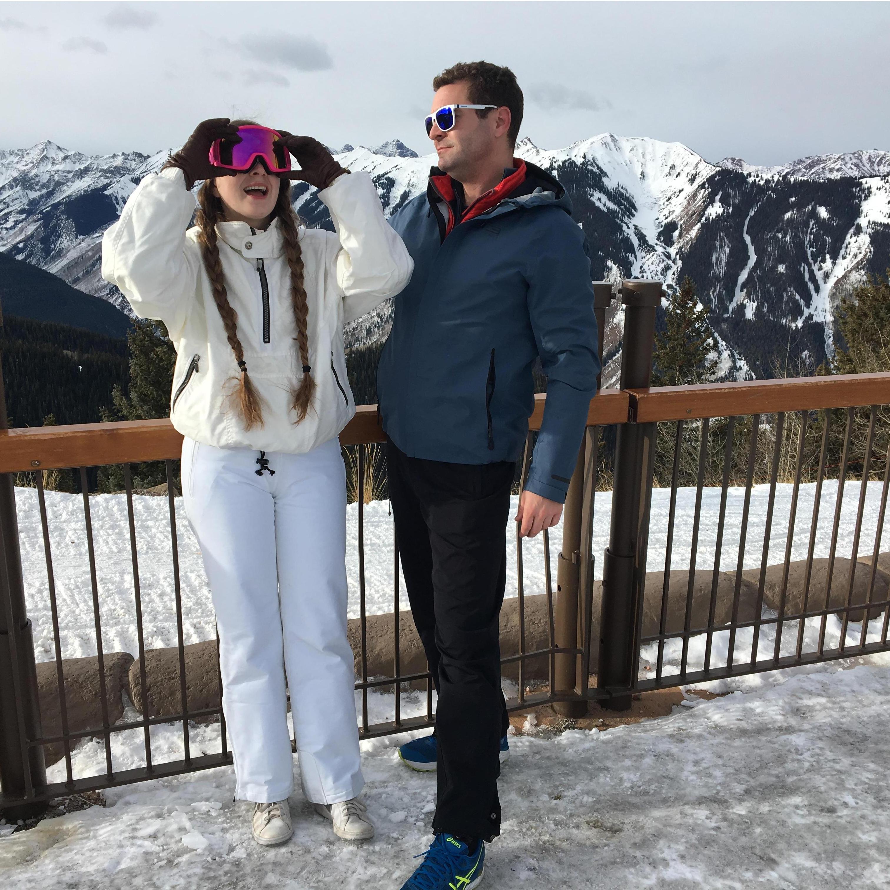 Aspen mountain top, post new goggles for Caitlin, pre hot chocolate gondola ride. Tony went on to crush that mountain...Caitlin got a handle of the bunny slopes!!
