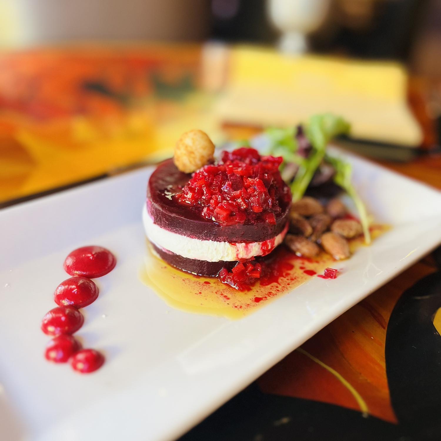 Ian's favorite appetizer from the Painted Pony. Beets with goat cheese!