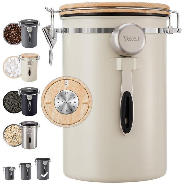 Veken Coffee Canister, 39OZ Large, Airtight Stainless Steel Food Storage Container for 2.2lbs Coffee Beans, Ground, Sugar, Tea, Flour, Cereal, Kitchen Bar Accessories with Date Tracker & Scoop, Cream