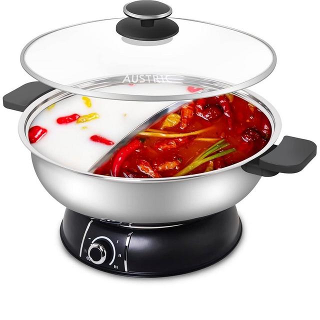 Austric Electric Shabu Shabu Hot Pot, 304 Stainless Steel Hot Pot with Divider Electric pot with Tempered Glass Lid for Party, Family Gathering,5L large capacity (160BU-CLASSIC)