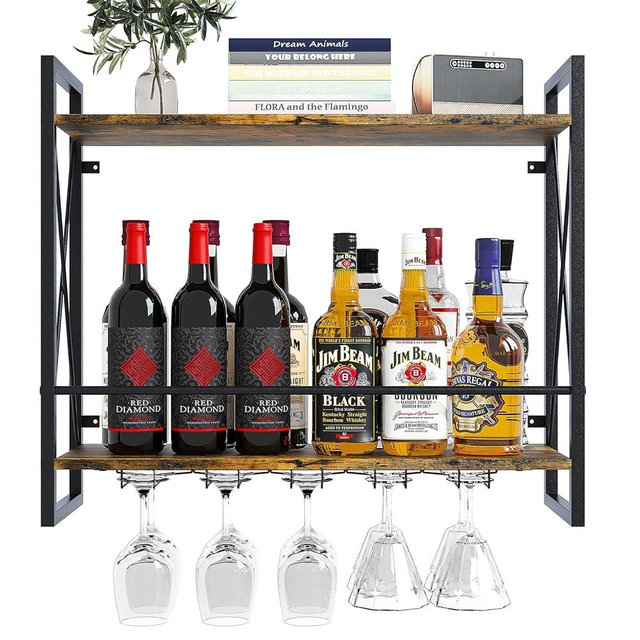 Dokser Wine Rack Wall Mounted 2 Tier Shelf, Wall Wine Rack with Rustic Wood & Industrial Iron Frame, Wine Bottle Holder for Kitchen, Dining Room, Home Bar Decor (Brown)