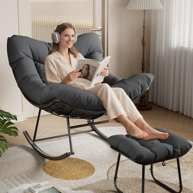 Oversized Outdoor Patio Rocking Chair & Ottoman, Metal Lounge Rocker with Thick 5'' Cushion, Papasan Chairs for Balcony& Bedroom, Grey